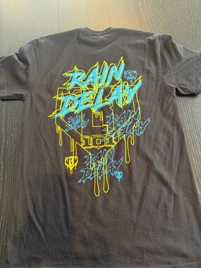 Baseball lifestyle 101 Rain Delay Graphic Tee in Black with Neon Blue & Yellow